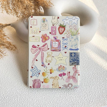 Notebook with colorful stickers on a textured surface