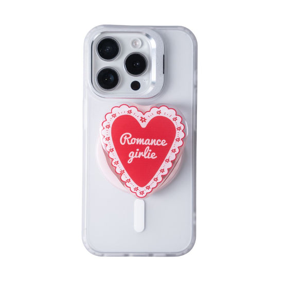 Phone case with a red heart design and 'Romance girlie' text on a white background