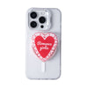Phone case with a red heart design and 'Romance girlie' text on a white background