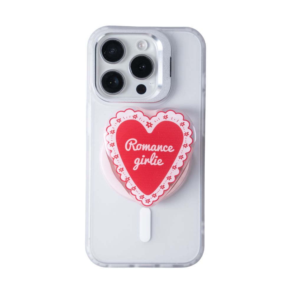 Phone case with a red heart design and 'Romance girlie' text on a white background