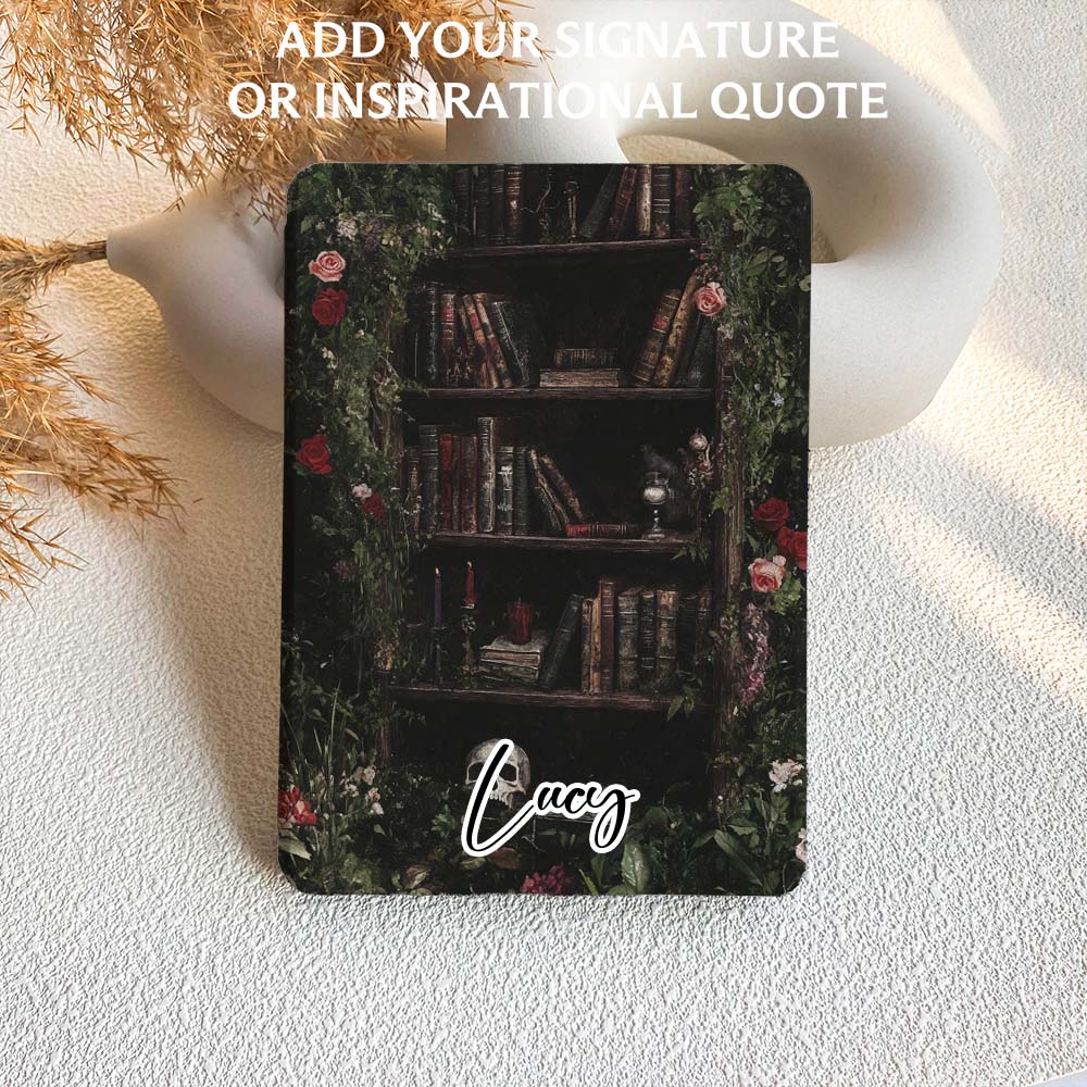 Decorative bookshelf design with flowers and a candle on a textured surface, featuring the name 'Lucy'.