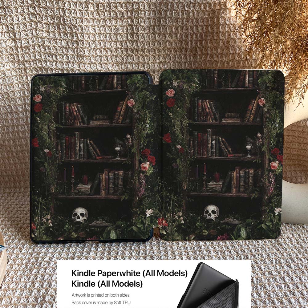 Two Kindle cases with bookshelf design on a textured surface