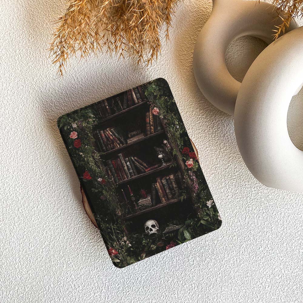Coaster with bookshelf design featuring books and a skull on a textured surface.