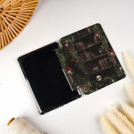 Tablet case with a bookshelf design on a white surface