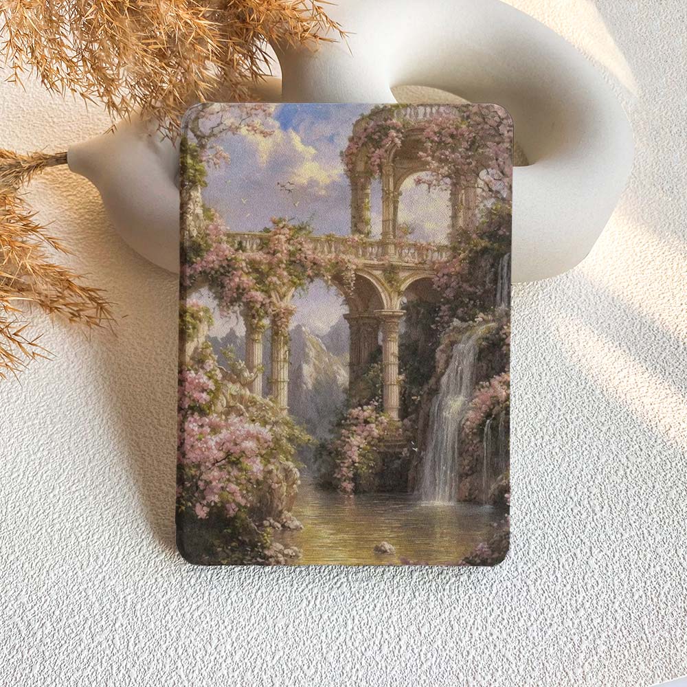 kindle case with a garden scene featuring a waterfall and floral arches on a textured surface.