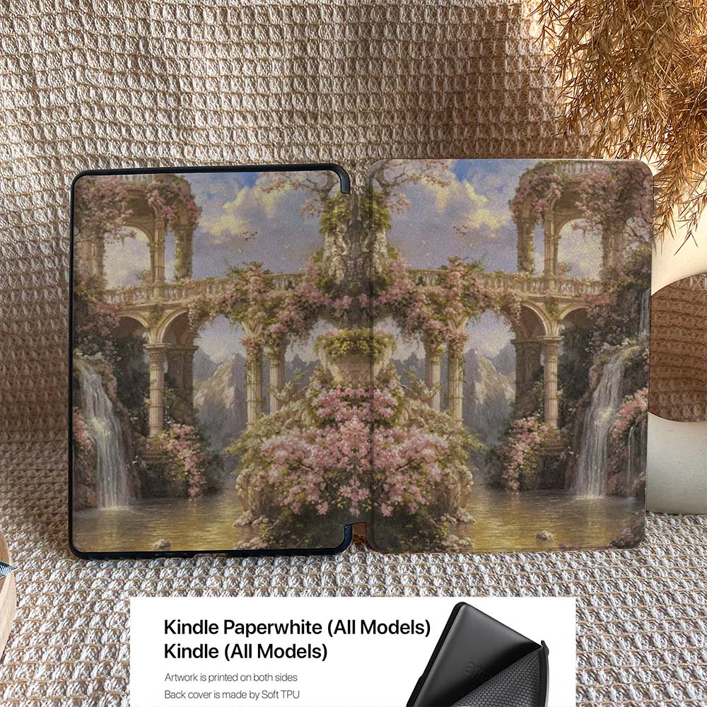 Kindle case with garden design on a textured surface