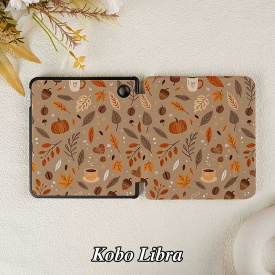Kobo Libra tablet with a fall-themed case on a light background