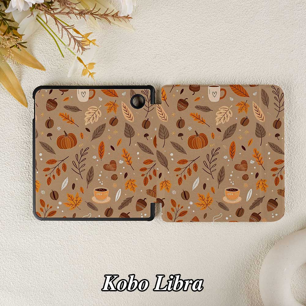 Kobo Libra tablet with a fall-themed case on a light background