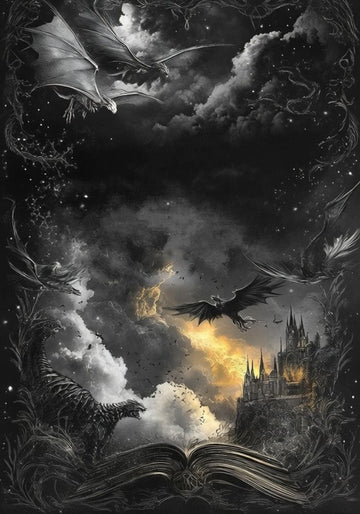 Fantasy scene with dragons, a castle, and an open book in a dark, cloudy sky.