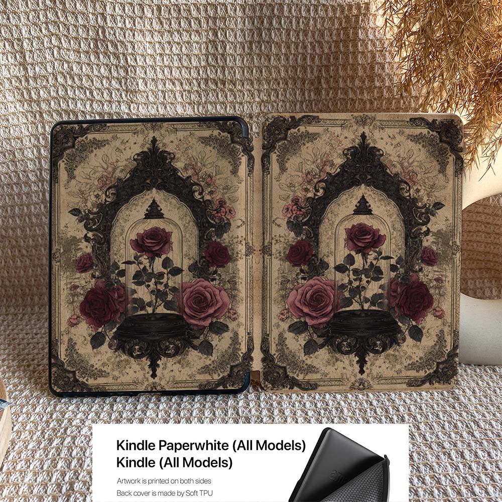 Decorative case with floral design for Kindle Paperwhite and Kindle on a textured surface.