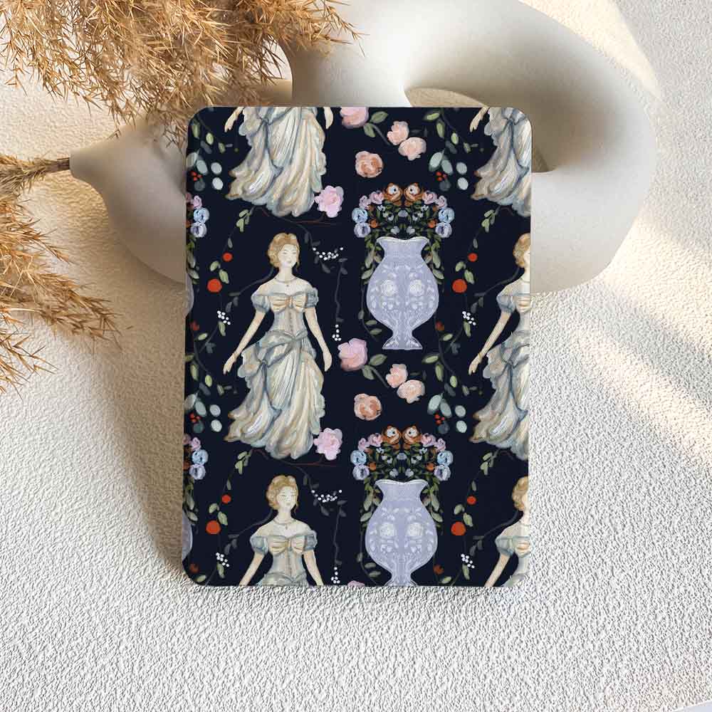 Phone case with vintage-style design featuring women in dresses and floral elements on a dark background.