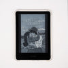 Kindle device with a book cover displayed on the screen against a white background