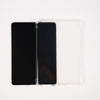 Two black tablets with a silver stand on a white background