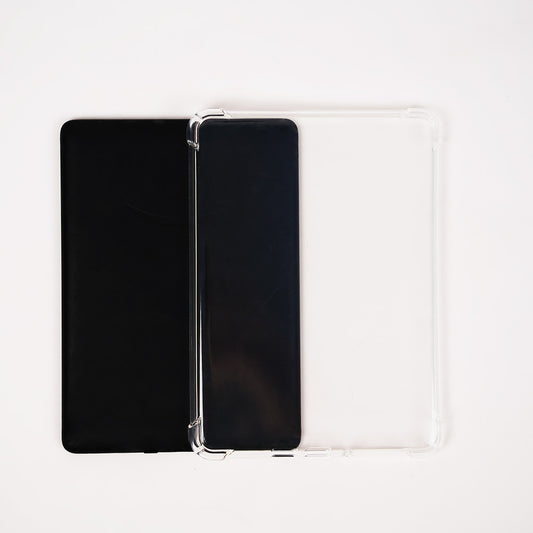 Two black tablets with a silver stand on a white background