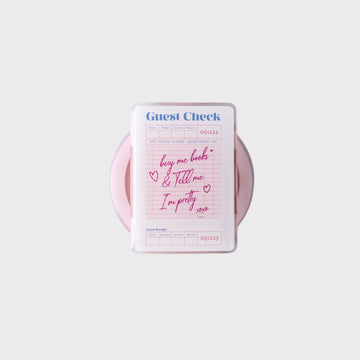 Guest check with pink text on a white background