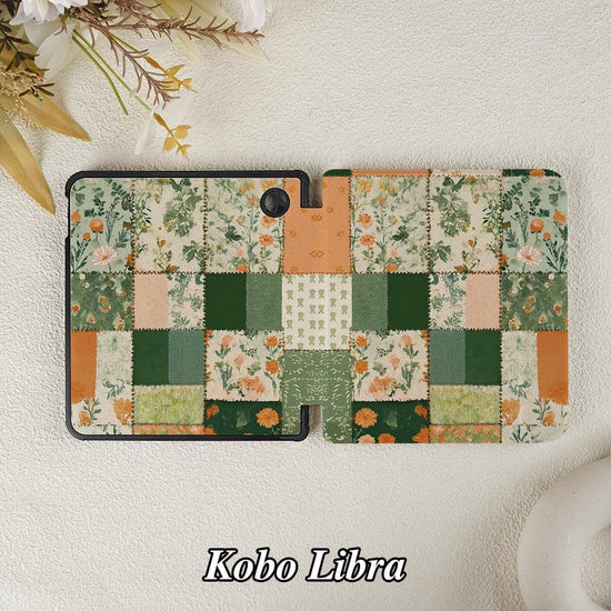 Floral patchwork case for Kobo Libra on a textured surface with flowers in the background