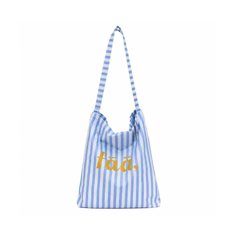 Blue and white striped bag with 'fäa' text on a white background