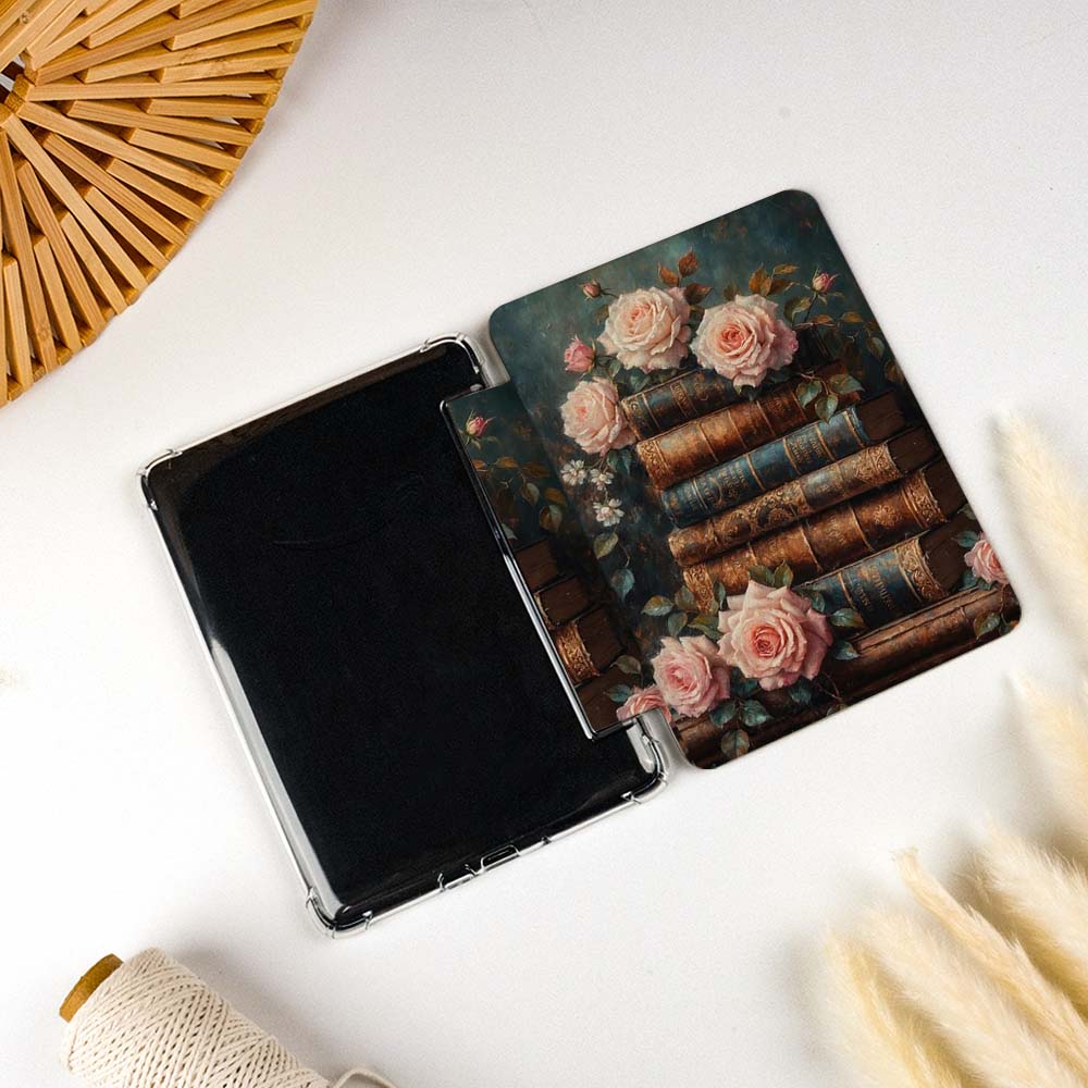 kindle case with floral and book design on a white surface
