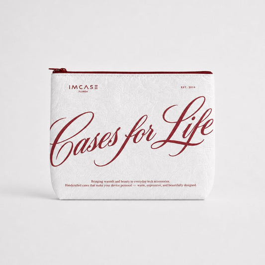 White pouch with red text 'Cases for Life' and 'IMCASE' branding on a white background