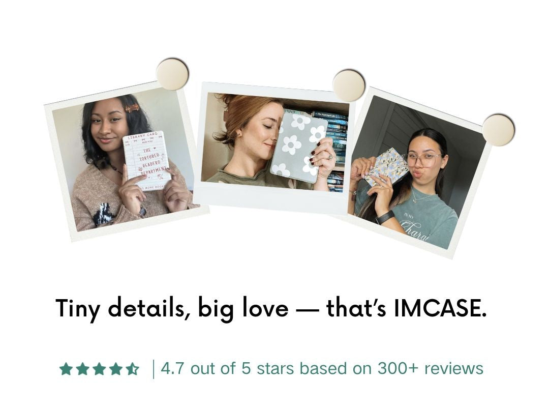 Three people holding products with text 'Tiny details, big love — that's IMCASE' and a star rating.