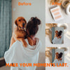 Before and after comparison of a photo with a dog and person, featuring customizable photo products.