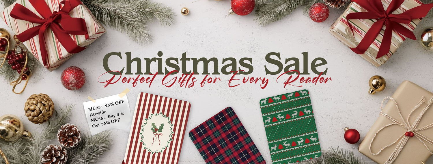 Christmas sale banner with presents, ribbons, and decorative elements on a white background.