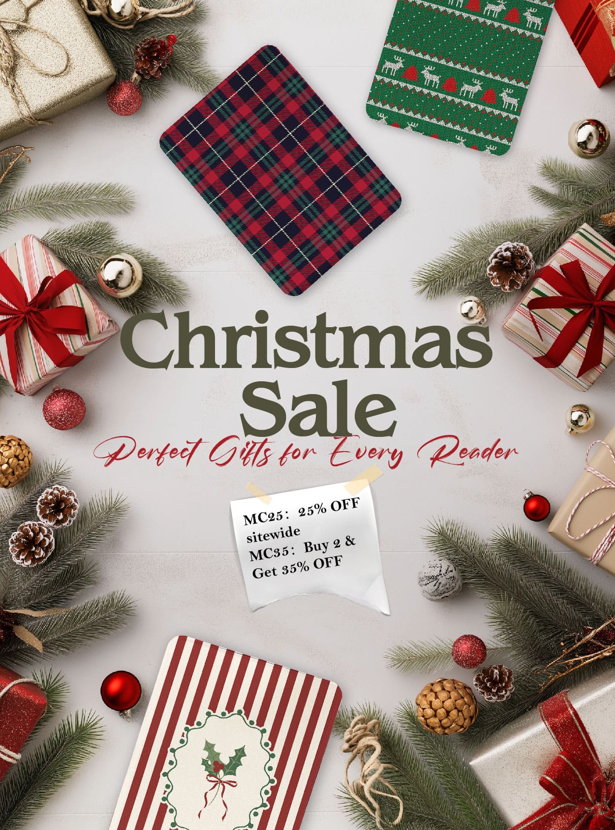 Promotional graphic for Christmas Sale with gift boxes, ribbons, and festive decorations on a light background.