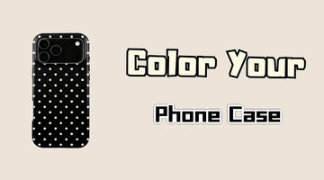 Black phone case with white polka dots on a beige background with text 'Color Your Phone Case'.