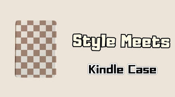 Checkered Kindle case on a beige background with text 'Style Meets Kindle Case'.