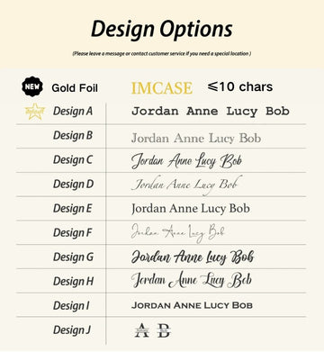 Design options table with gold foil and IMCASE branding