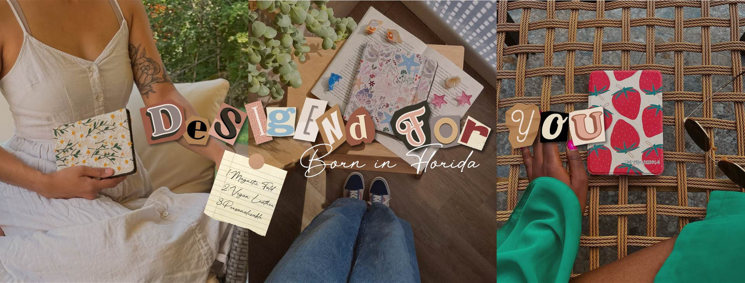 Collage of a person holding a book, a hand holding a card, and a hand holding a colorful card with 'Destiny For You Born in Florida' text.